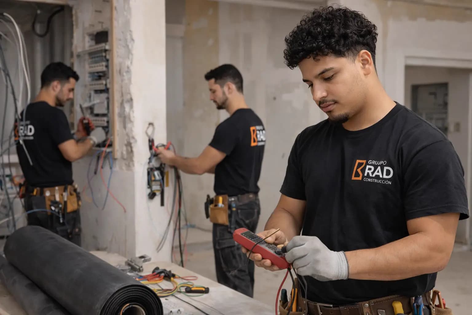 Técnicos de Grupo RAD realizando instalación eléctrica en Girona
