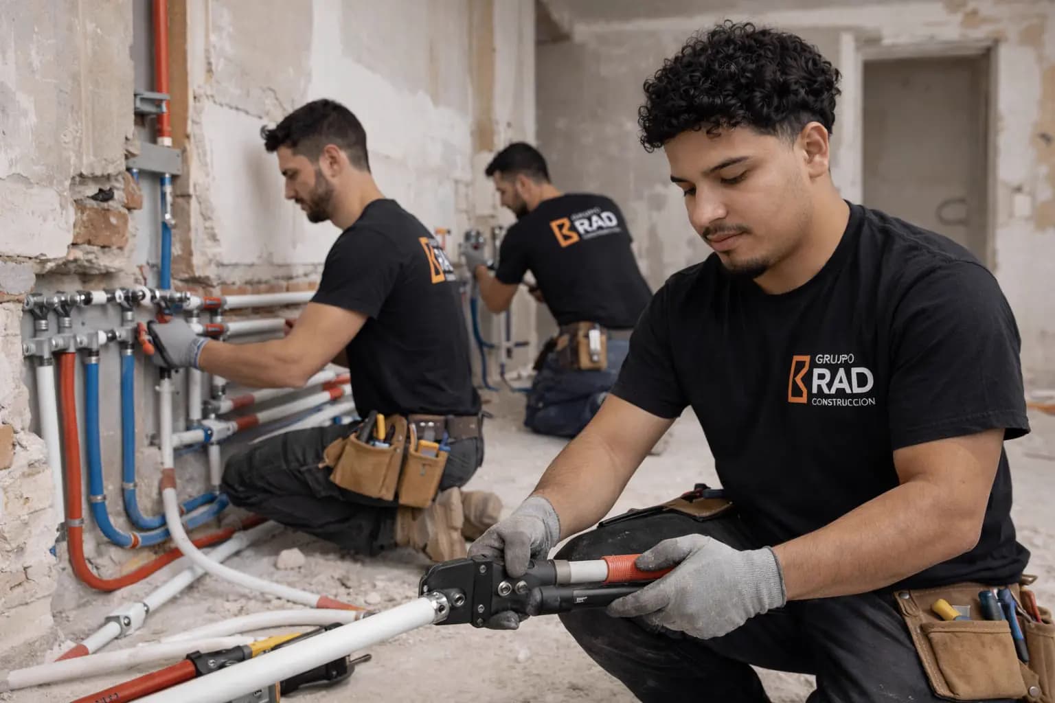 Técnicos de Grupo RAD instalando fontanería en vivienda de Girona